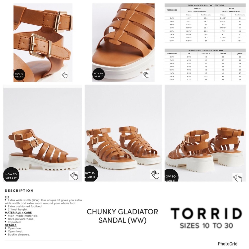 Torrid size 9.5WW cognac chunky gladiator sandals NWT